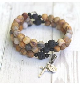 Chews Life Our Lady of Kibeho | Matte Crazy Lace Agate with Essential Oil Diffuser Beads | Chews Life Rosary Wrap Bracelet with Prayer Bookmark Movable Charm