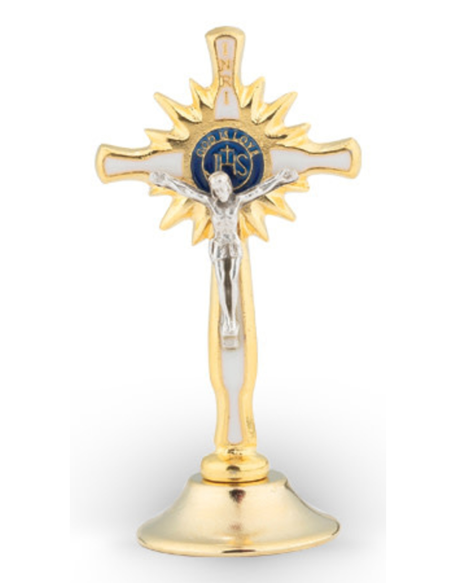 Hirten 2” White Enameled Brass Crucifix with Adhesive Bottom