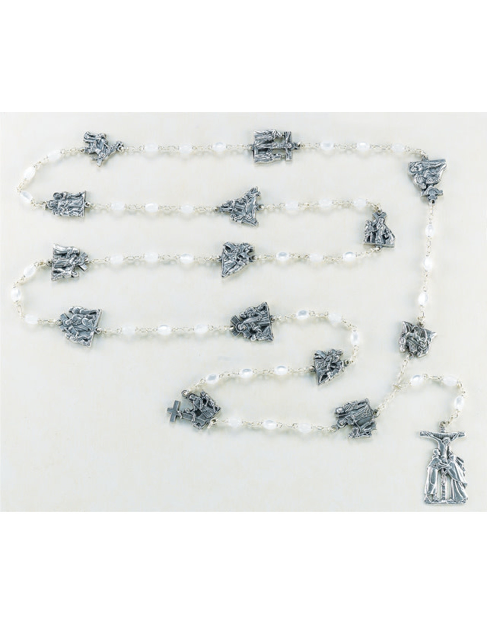 Hirten Via Crucis White Glass Bead Stations of the Cross Rosary