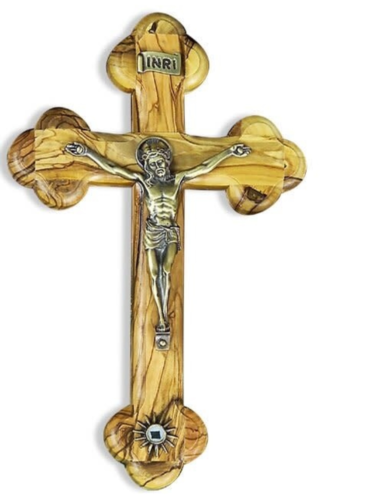 Shomali Pewter Plated Bronze Corpus  Relic Crucifix Made of Olive Wood, 7 3/4”