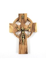 Shomali Pewter Plated Bronze Corpus Celtic Crucifix Made of Olive Wood 5”
