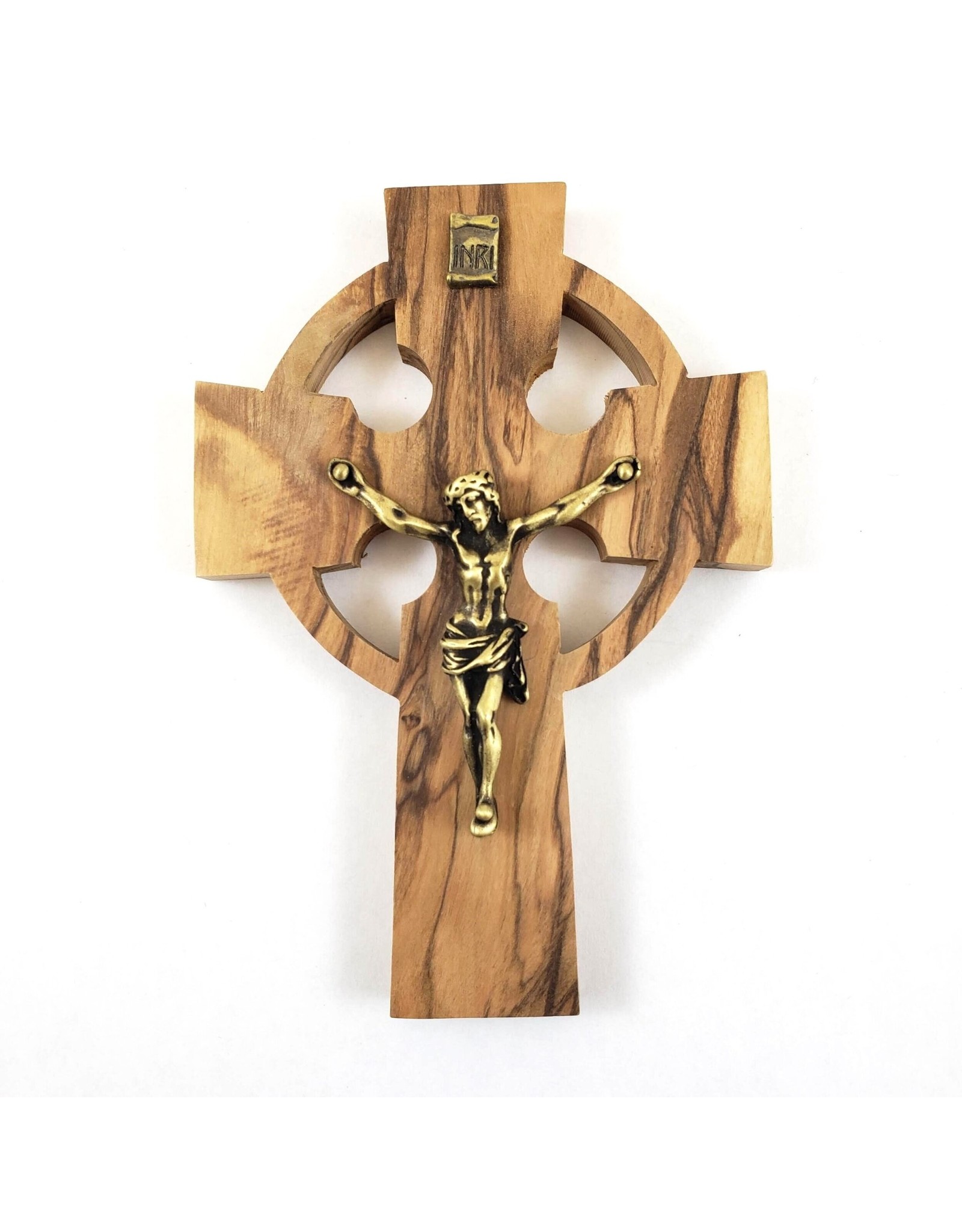 Shomali Pewter Plated Bronze Corpus Celtic Crucifix Made of Olive Wood 5”