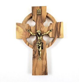 Shomali Pewter Plated Bronze Corpus Celtic Crucifix Made of Olive Wood 5”