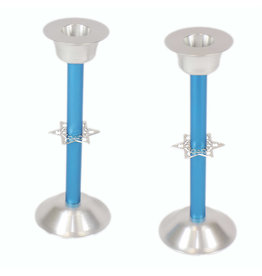 Light Blue Star of David Shabbat Aluminum Candlesticks