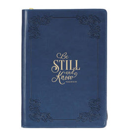 Christian Art Gifts Be Still and Know Classic Faux Leather Zippered Journal - Navy Blue - Psalm 46:10