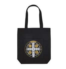 Autom St. Benedict Silver and Gold Cross Black Tote Bag