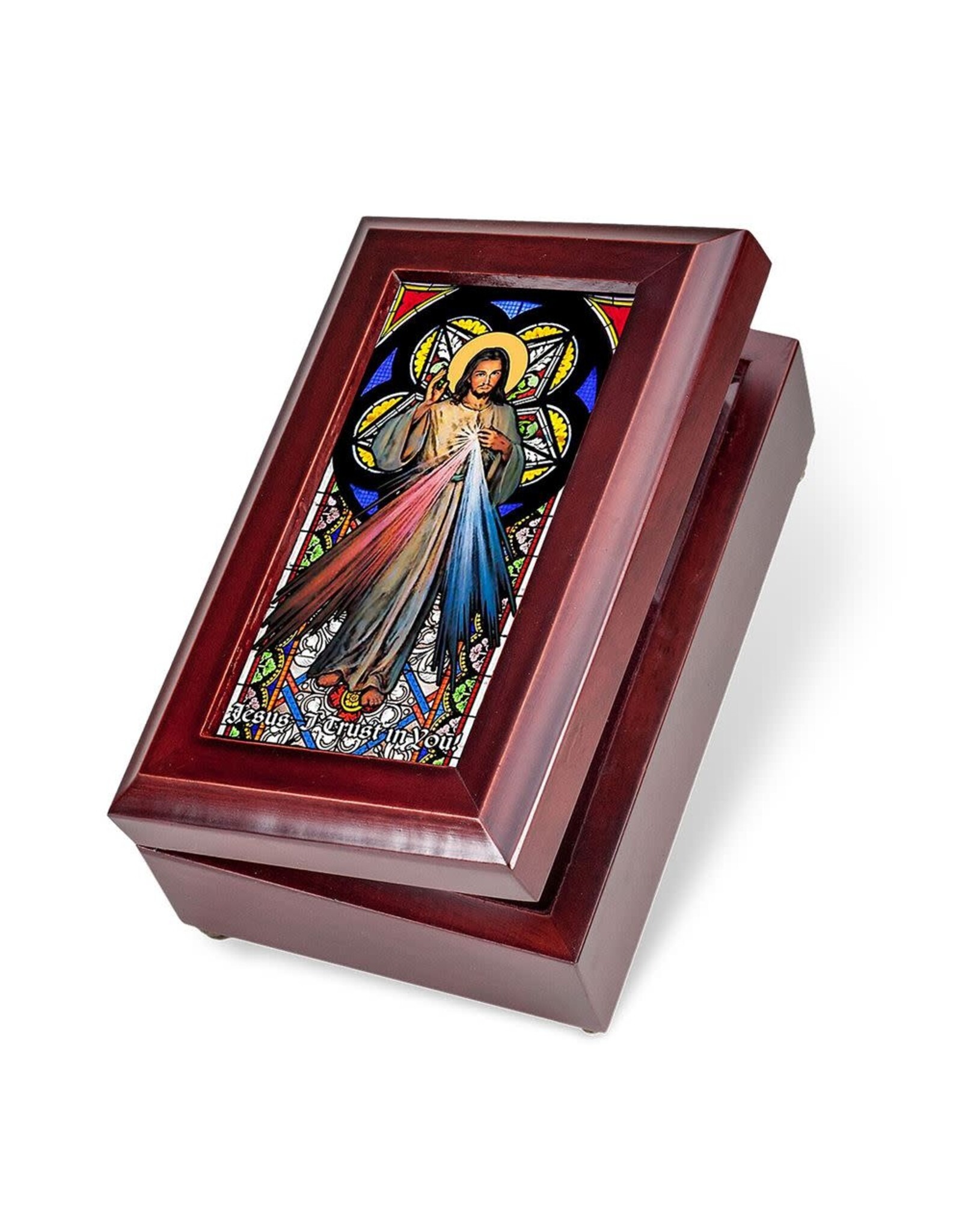 Hirten Divine Mercy Wooden Music Box with Stained Glass Lid