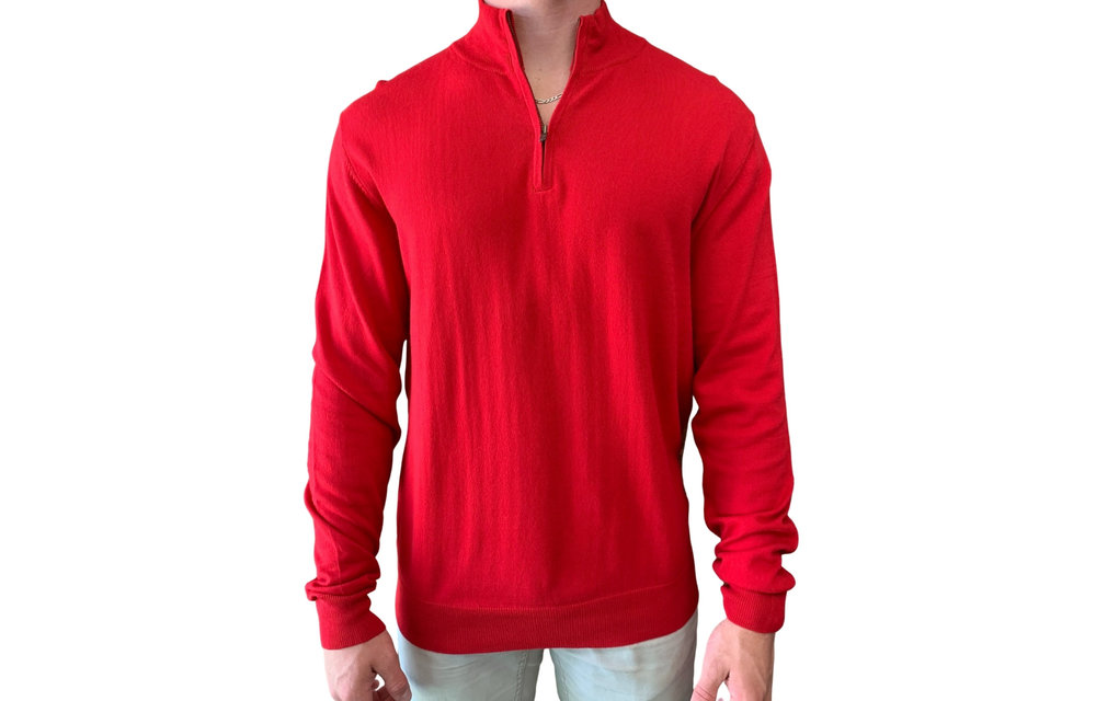 Cotton Cashmere Quarter Zip Pullover - Red