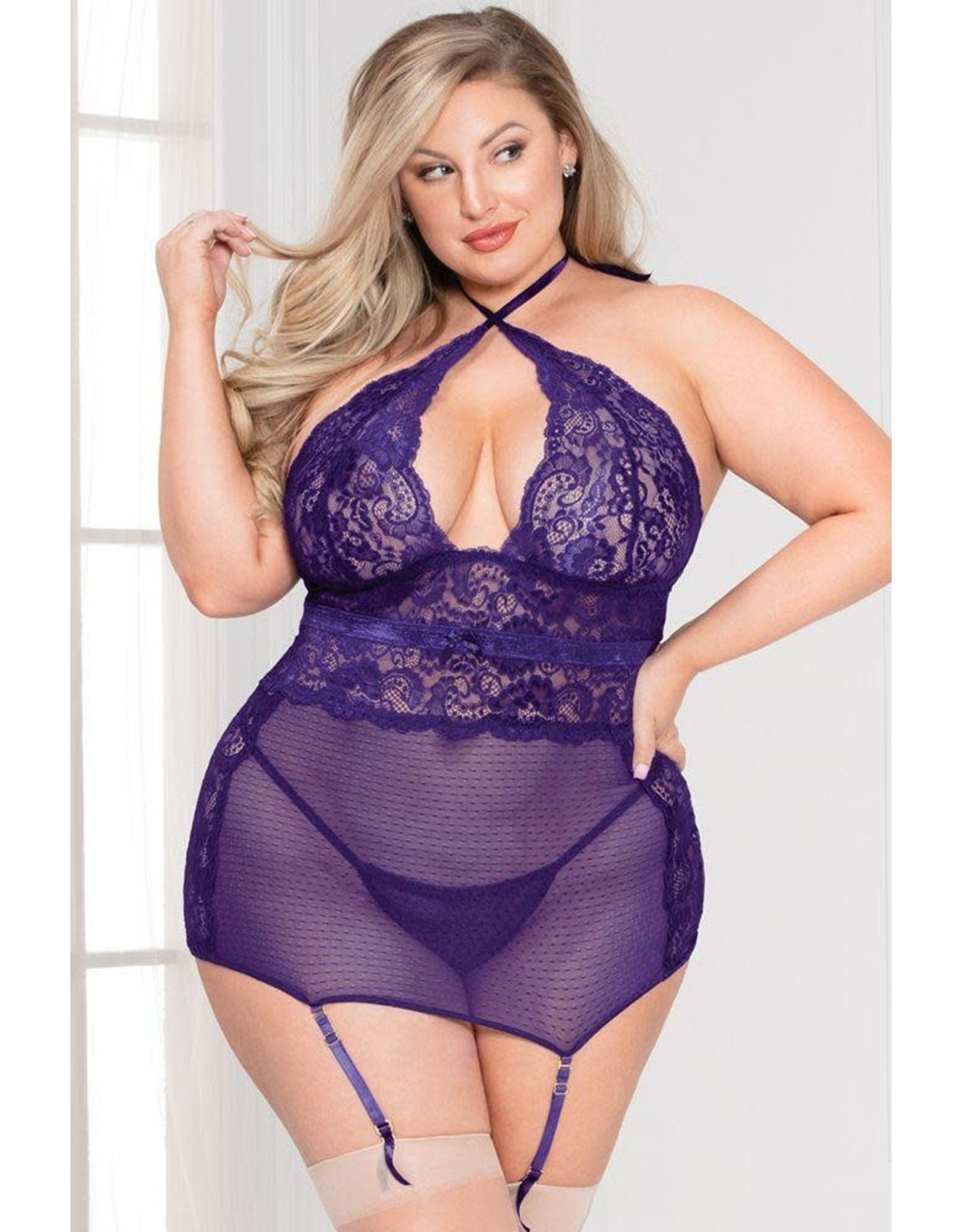 Amethyst Lace and Mesh Chemise Set OS/XL