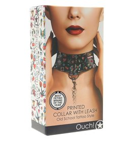 Ouch! Old School Tattoo Style Printed Collar with Leash