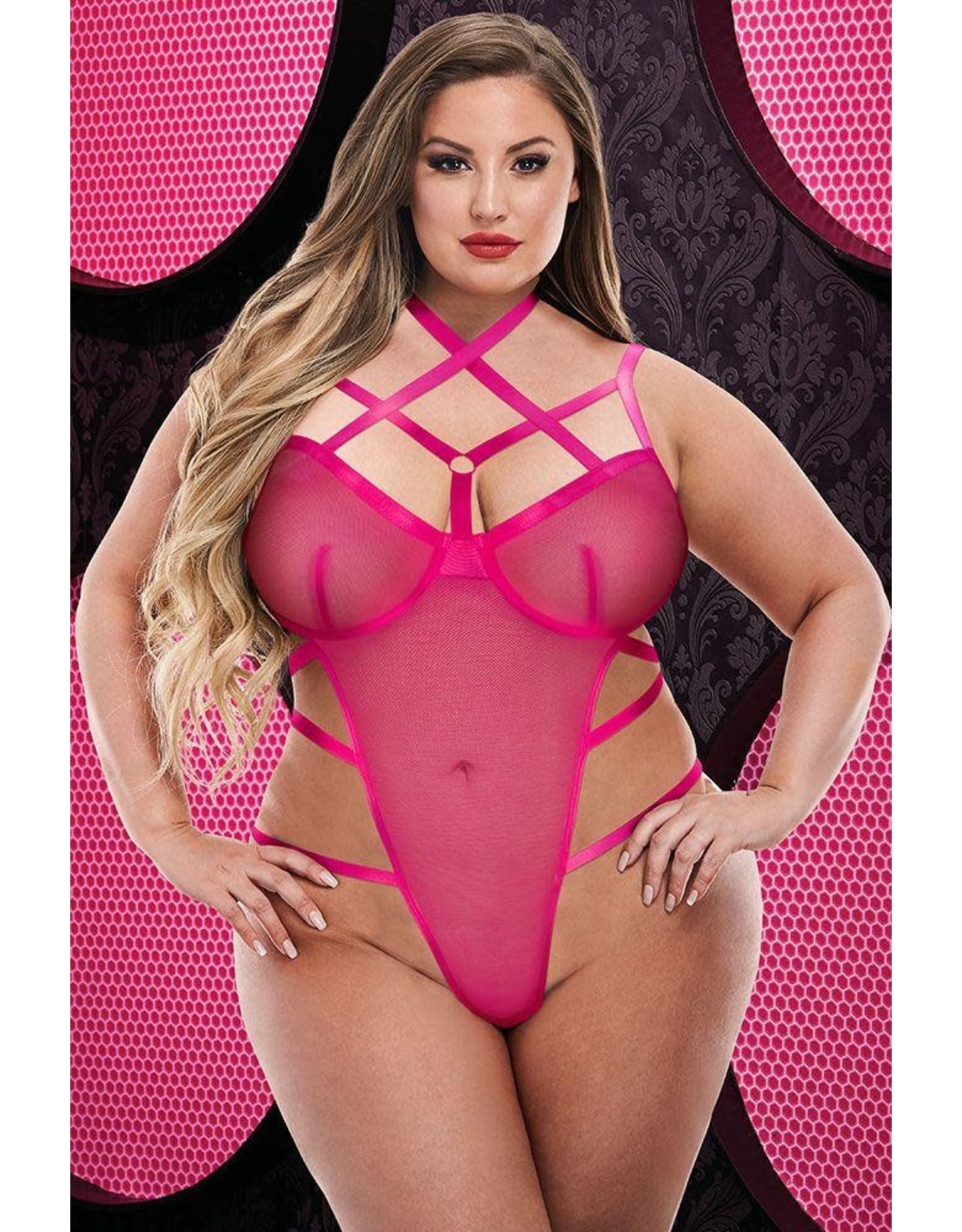 Sexy Hot Pink Strappy Caged Teddy - OSXL