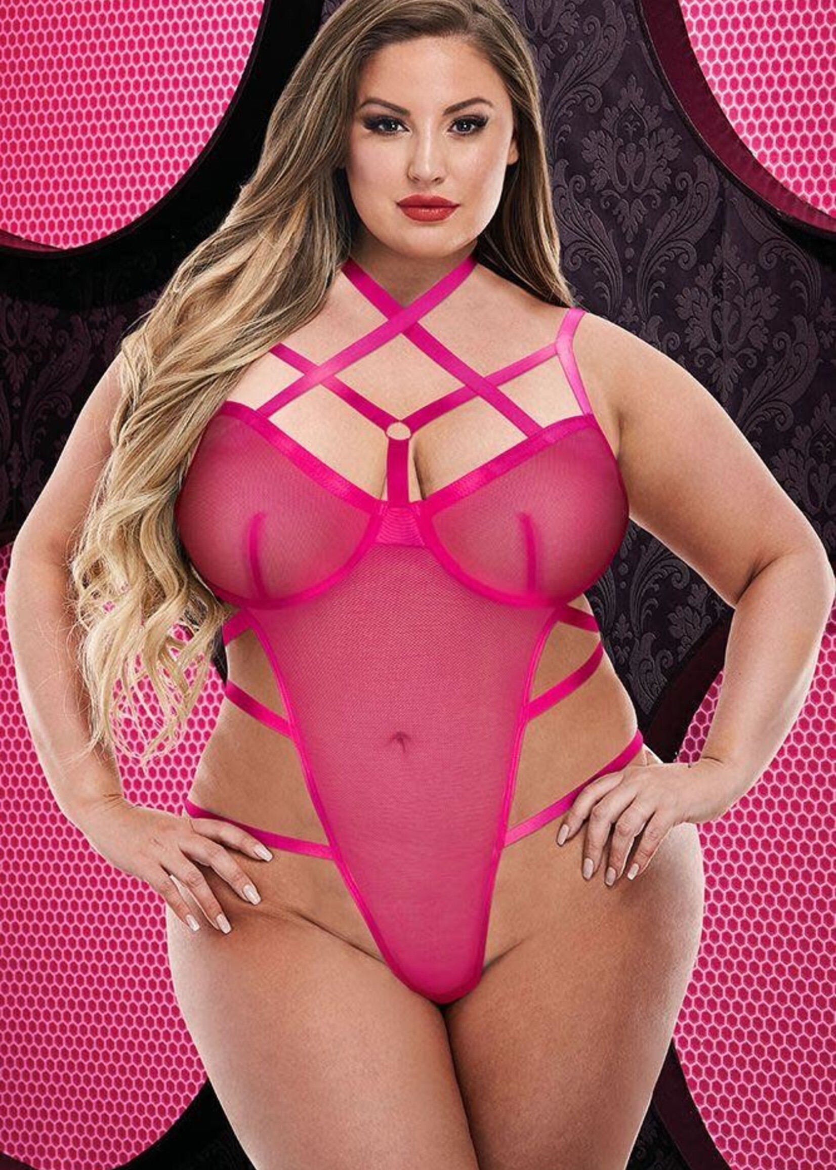 Sexy Hot Pink Strappy Caged Teddy - OSXL