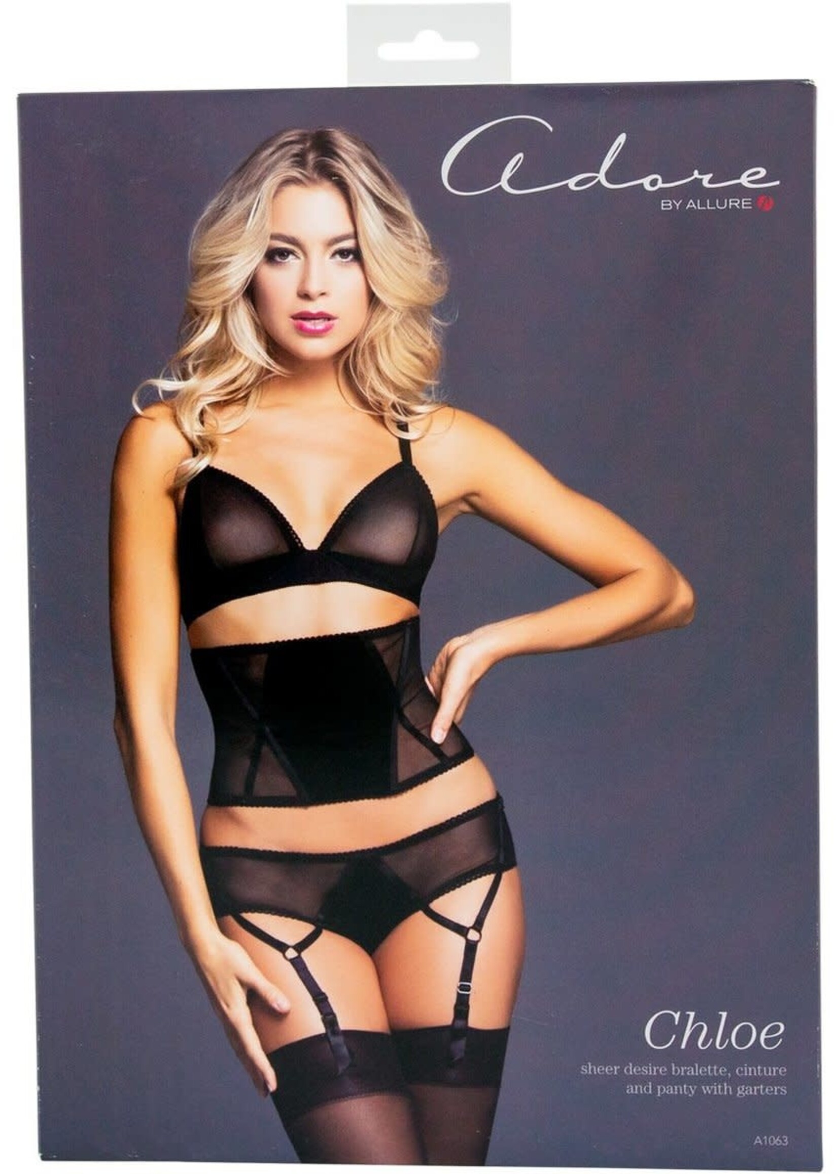 Allure Lingerie Adore by Allure - Chloe - Sheer Desire Bralette & Panty with Garters - Small  - Black