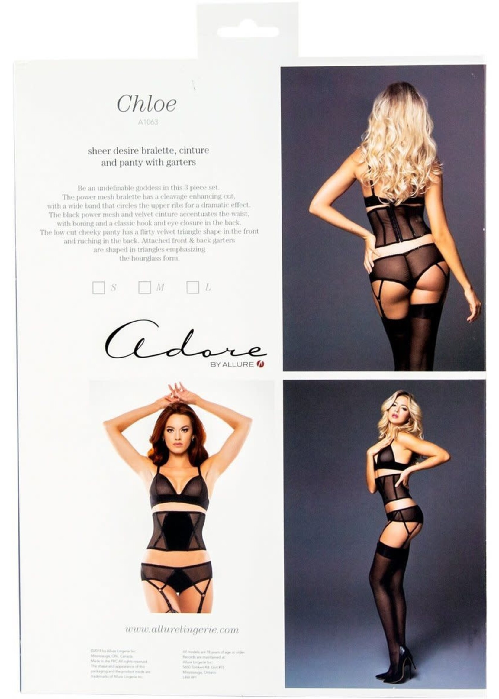 Allure Lingerie Adore by Allure - Chloe - Sheer Desire Bralette & Panty with Garters - Small  - Black