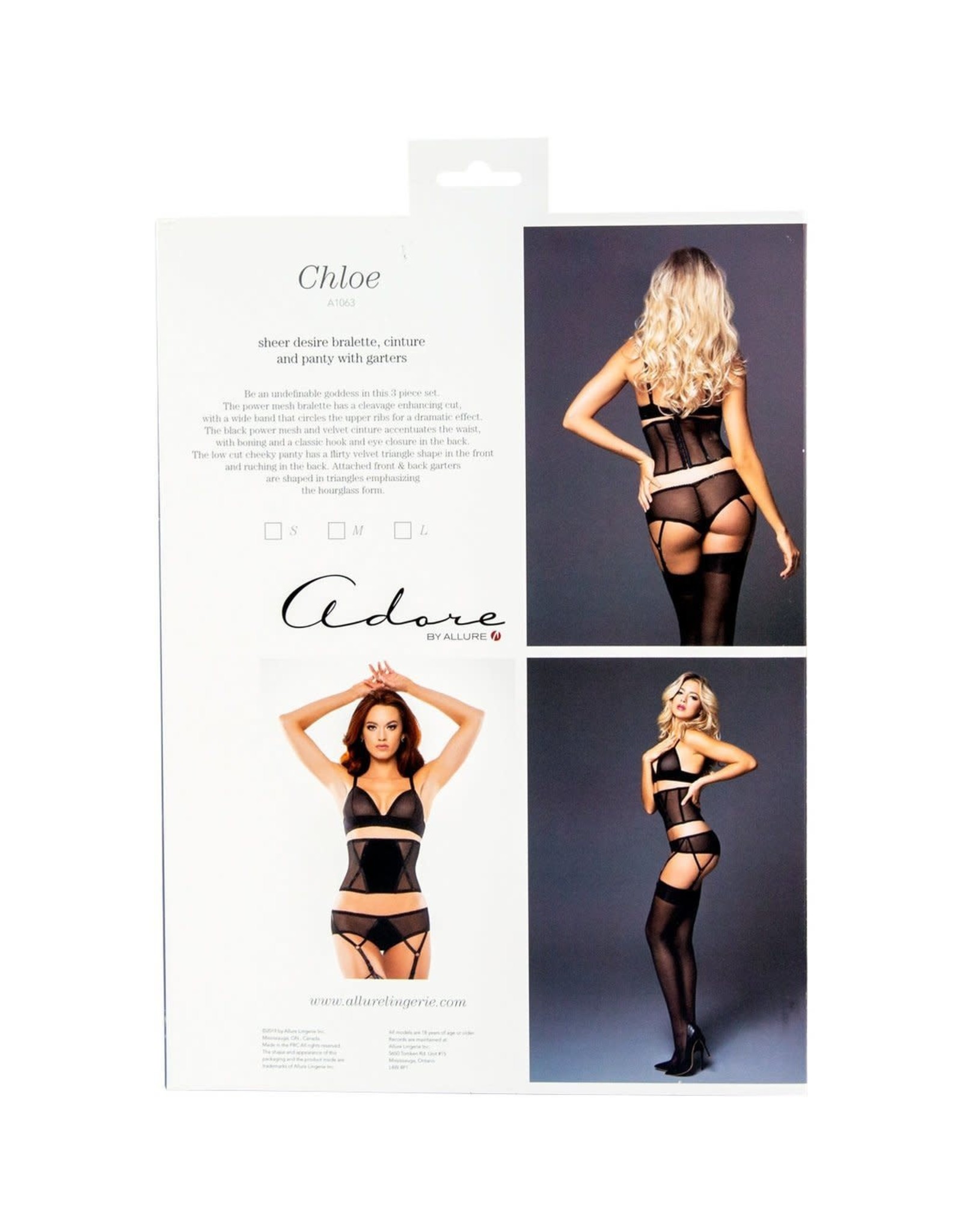 Allure Lingerie Adore by Allure - Chloe - Sheer Desire Bralette & Panty with Garters - Small  - Black