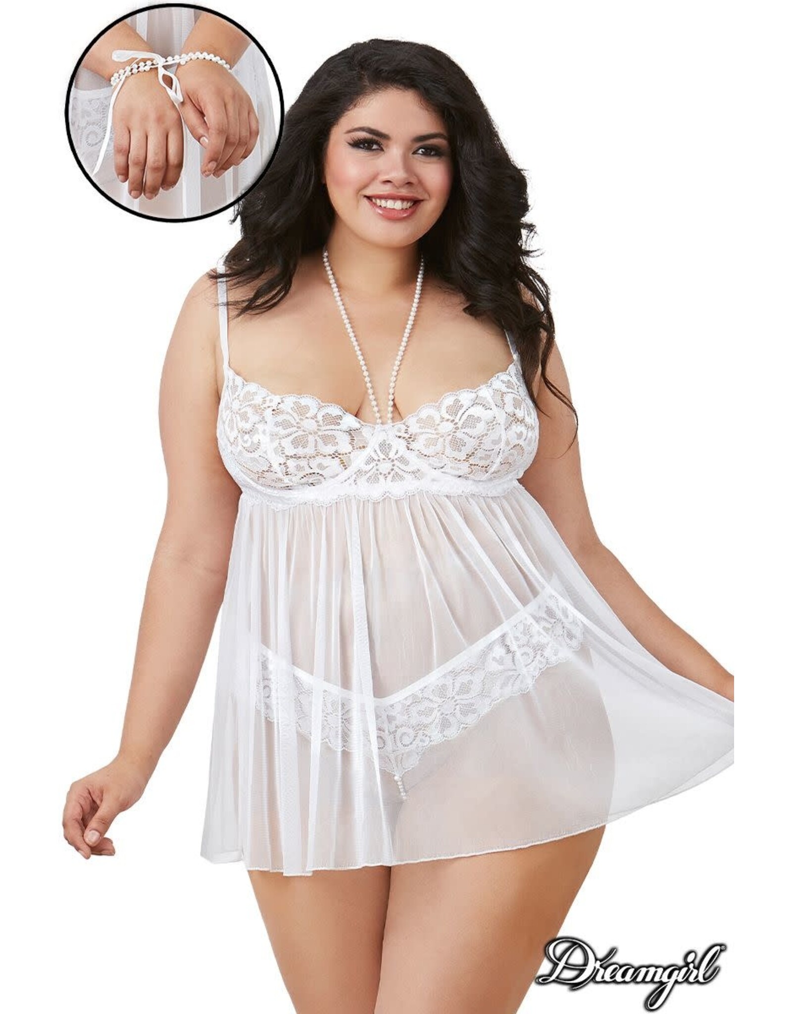 Dreamgirl Dreamgirl - Pearl Babydoll, Restraints & G-String - OS/XL - White