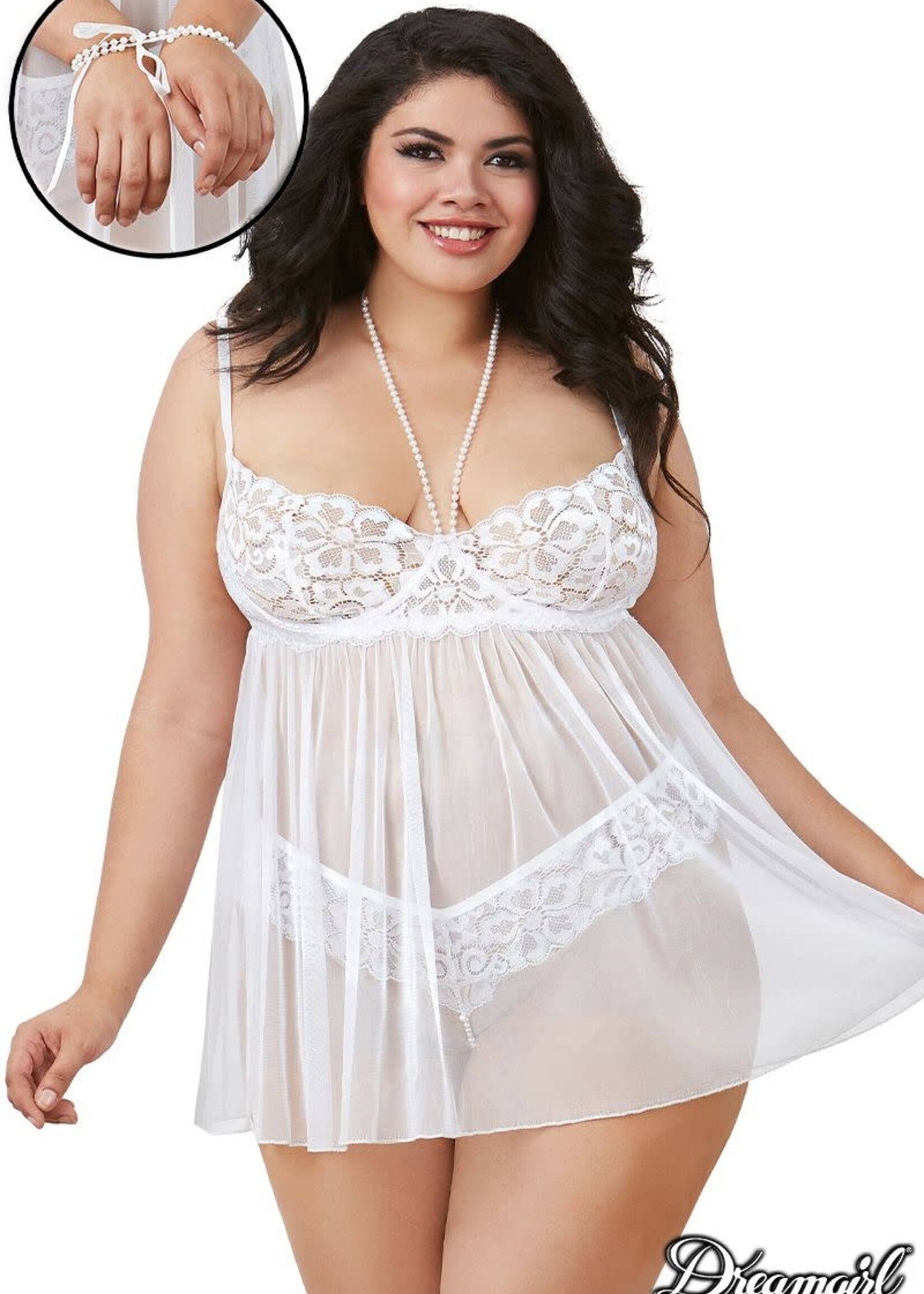 Dreamgirl Dreamgirl - Pearl Babydoll, Restraints & G-String - OS/XL - White
