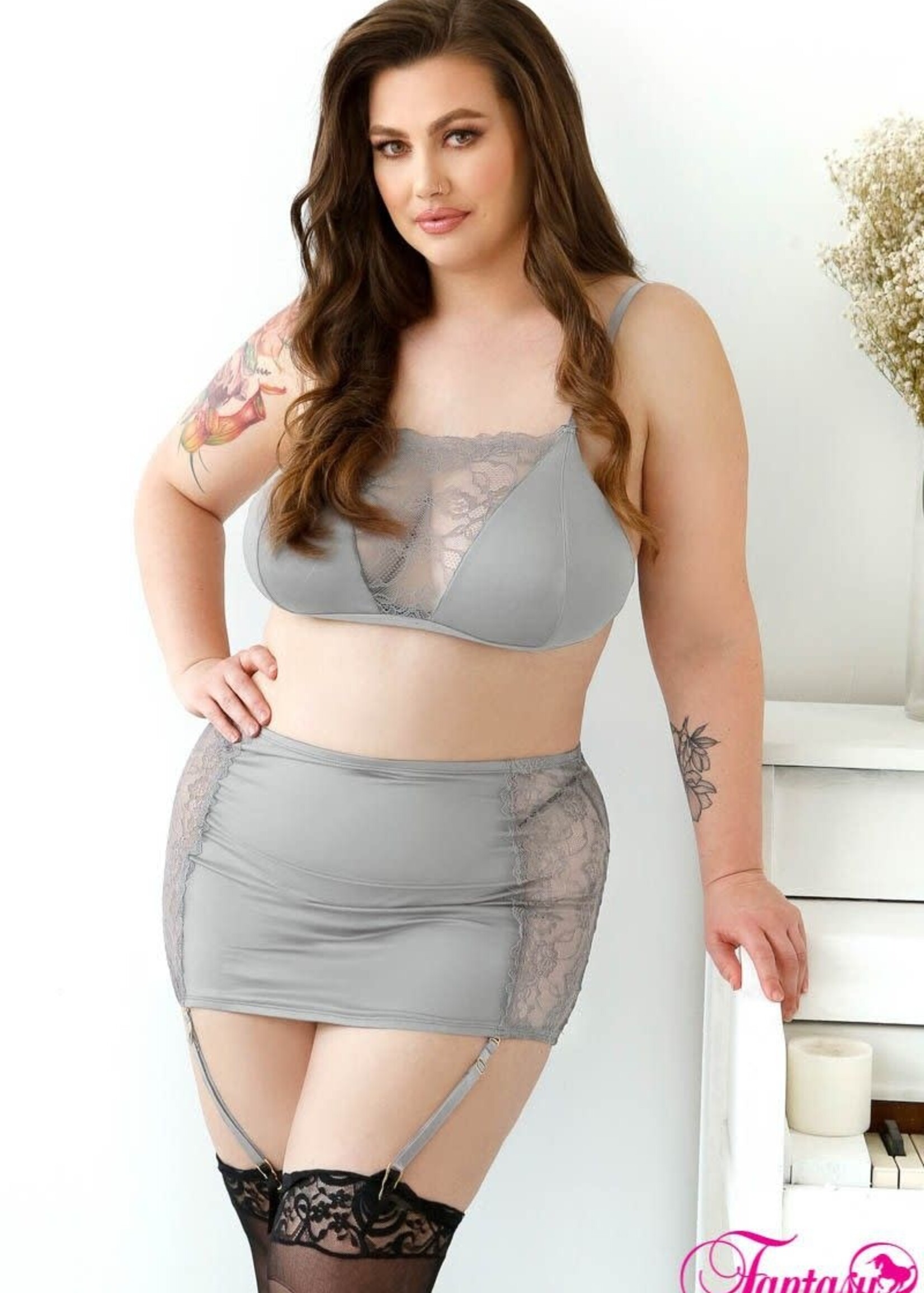 Fantasy Lingerie 3pc Set - 1X/2X - Grey
