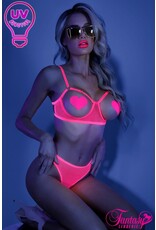 Fantasy Lingerie Glow - Open Cup Bra & Crotchless Panty - Neon Pink - M/L