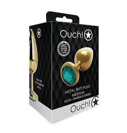 Ouch! Metal Butt Plug - Gold/Emerald - MED