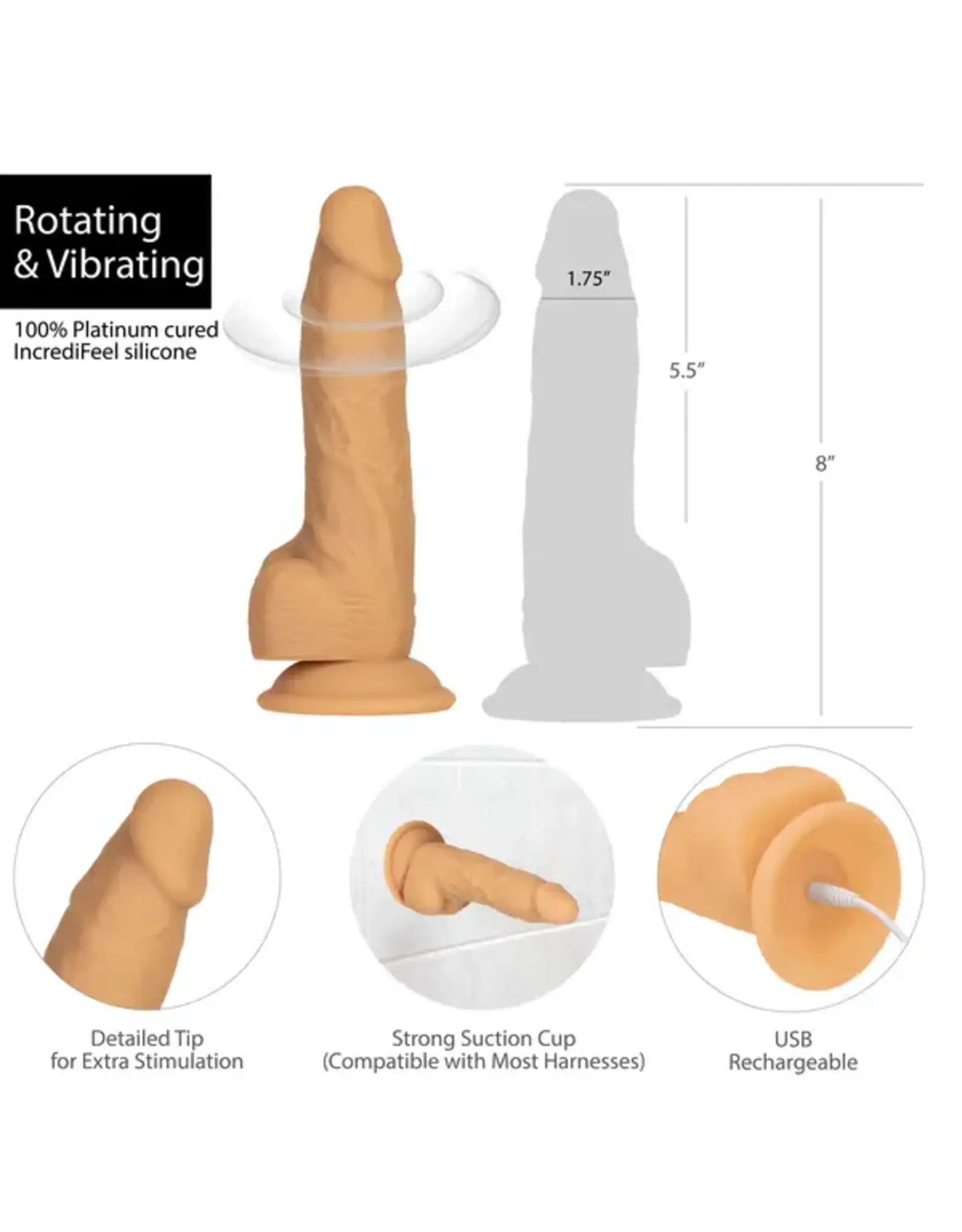 Naked Addiction Rotating and Vibrating Dildo 8'' Caramel