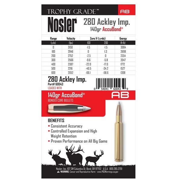 NOSLER 280 ACK IMP 140gr ACCUBOND TROPHY GRADE 20ct