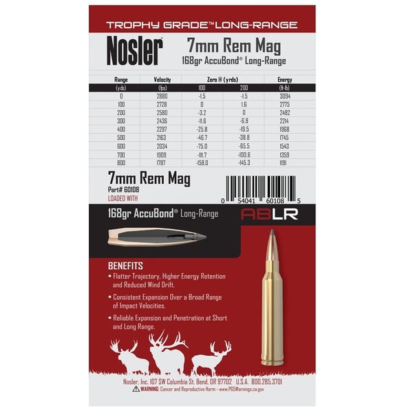 NOSLER 7mm Rem Mag 168gr Accubond Long Range Tropy Grade 20ct