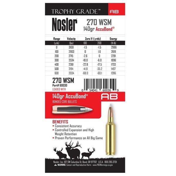NOSLER 270 WSM 140gr ACCUBOND TROPHY GRADE 20ct
