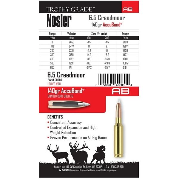 NOSLER 6.5 Creedmoor 140grAccutbond Trophy Grade 20ct