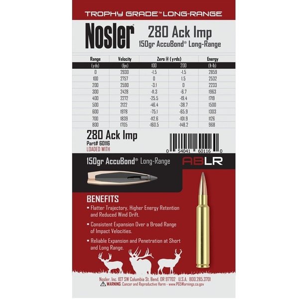 NOSLER 280 ACKLEY IMP 150gr ABLR TROPHY GRADE 20ct
