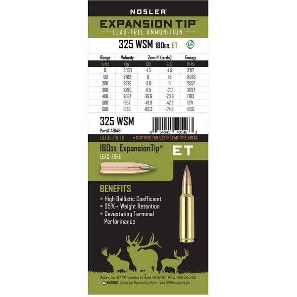 NOSLER 325 WSM 180gr Expantion Tip Trophy Grade 20ct