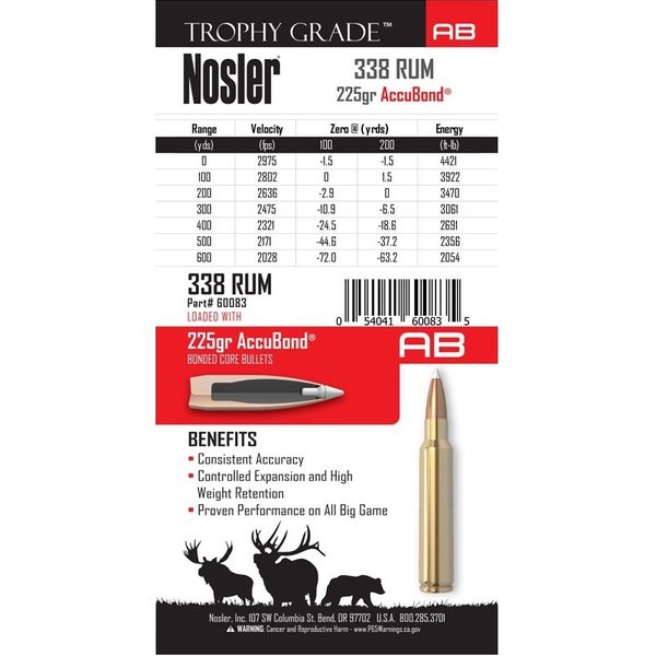 NOSLER 338 RUM 225gr ACCUBOND TROPHY GRADE 20ct