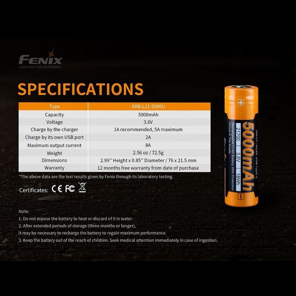 FENIX Battery 5000mAh USB Rechargable 21700