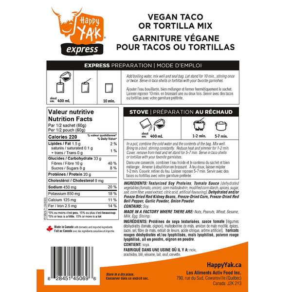 HAPPY YAK Vegetarian Taco or Tortilla Mix (Gluten Free, Lactose Free, Vegan, Vegetarian)