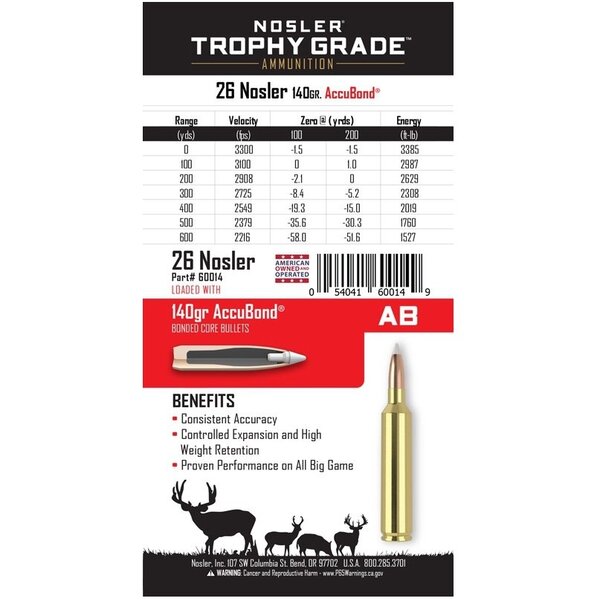 NOSLER 26 NOSLER 140gr ACCUBOND TROPHY GRADE 20ct
