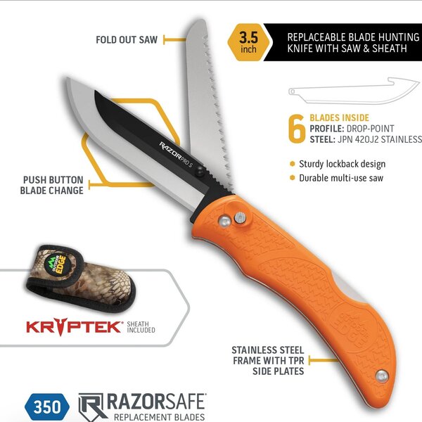 OUTDOOR EDGE 3.5" RazorPro S Folding Hunter Replaceable Blade with Bone Saw