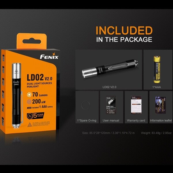 FENIX LD02 V2.0 70 LUMENS DUAL LIGHT SOURCE PENLIGHT