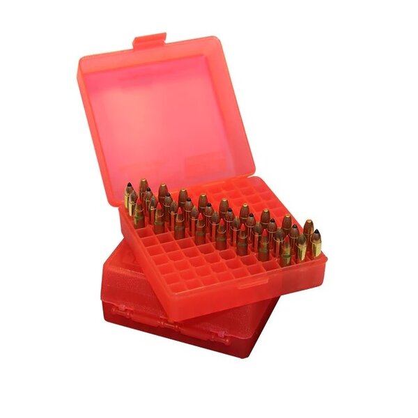 MTM Ammo Box 100rd Flip-Top P-100 Series  22 Mag-17 HMR Clear Red