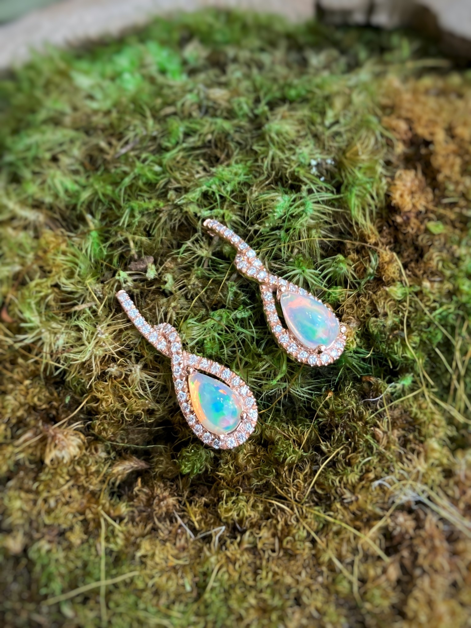 14K Rose Gold Opal and Diamond Drop Earrings