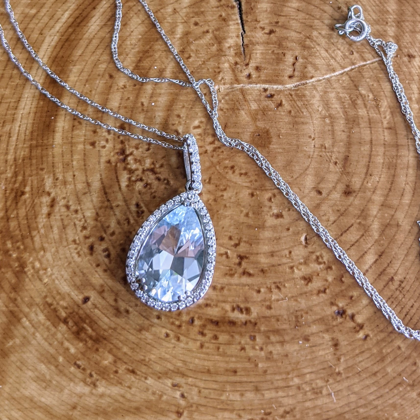 14K White Gold Pear Aquamarine and Diamond Pendant Necklace