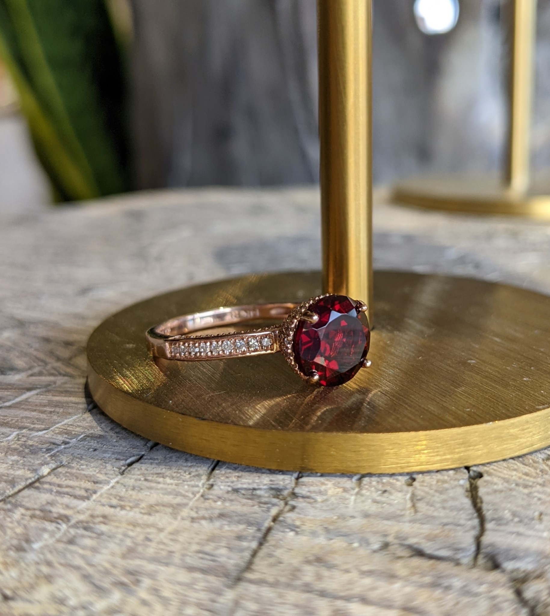 14K Rose Gold Round Garnet and Hidden Diamond Ring