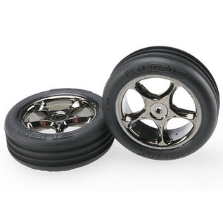 TRAXXAS TRA 2471A Tires & wheels, assembled (Tracer 2.2' black chrome wheels, Alias ribbed 2.2' tires) (2) (Bandit front, medium compound w/ foam inserts)