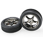 TRAXXAS TRA 2471A Tires & wheels, assembled (Tracer 2.2' black chrome wheels, Alias ribbed 2.2' tires) (2) (Bandit front, medium compound w/ foam inserts)