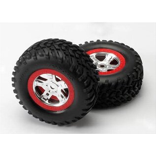 TRAXXAS TRA 5973A Tires and wheels assembled glued, SCT Satin chrome , red beadlock (dual profile 2.2 outer 3.0 inner SCT off road tire foam inserts SLAYER RC truck