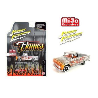 JOHNNY LIGHTNING JL CP7361 1966 CHEVROLET PICKUP SILVER WITH FLAMES 1/64 DIE-CAST