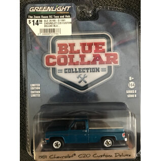 GREENLIGHT COLLECTIBLES GLC 35180-D 1981 CHEVROLET C20 CUSTOM DELUXE BLUE COLLAR COLLECTION 1/64 DIE-CAST