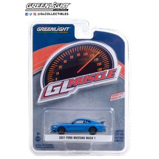 GREENLIGHT COLLECTIBLES GLC 13290-F 2021 Ford Mustang Mach 1 in Velocity Blue with Black Stripe 1/64 die-cast
