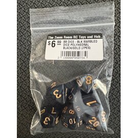 BB DICE-BLK MARBLED DICE POLYHEDRAL BLACK/GOLD (7PCS)