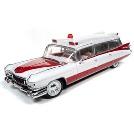 AUTOWORLD AW 302 1959 CADILLAC ELDORADO AMBULANCE RED AND WHITE 1/18 DIE-CAST