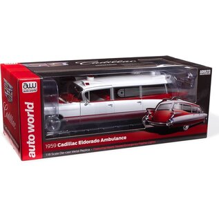 AUTOWORLD AW 302 1959 CADILLAC ELDORADO AMBULANCE RED AND WHITE 1/18 DIE-CAST